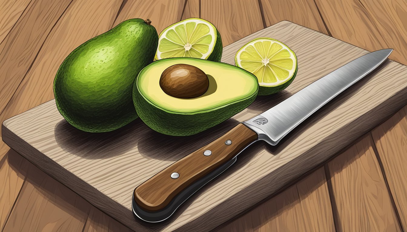 An unripe avocado on a cutting board, surrounded by a knife, lemon, and salt