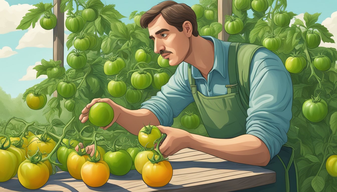 A gardener examines green tomatoes, pondering their ripeness