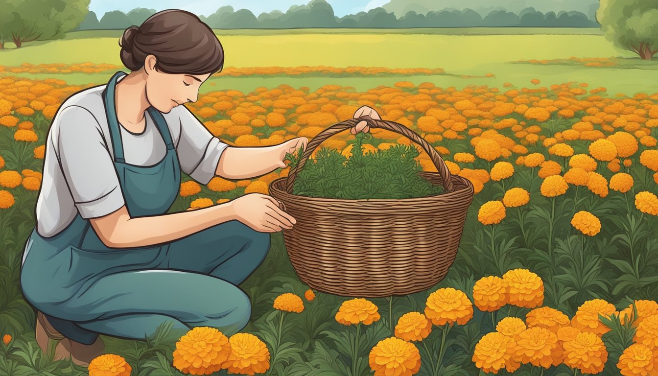 A person harvesting marigold flowers with a small basket, then rinsing and preparing them for consumption