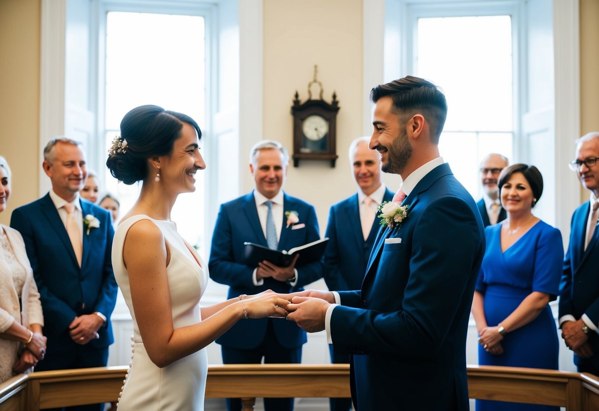 A couple exchanging vows in a simple, elegant room at a registry office, surrounded by close family and friends
