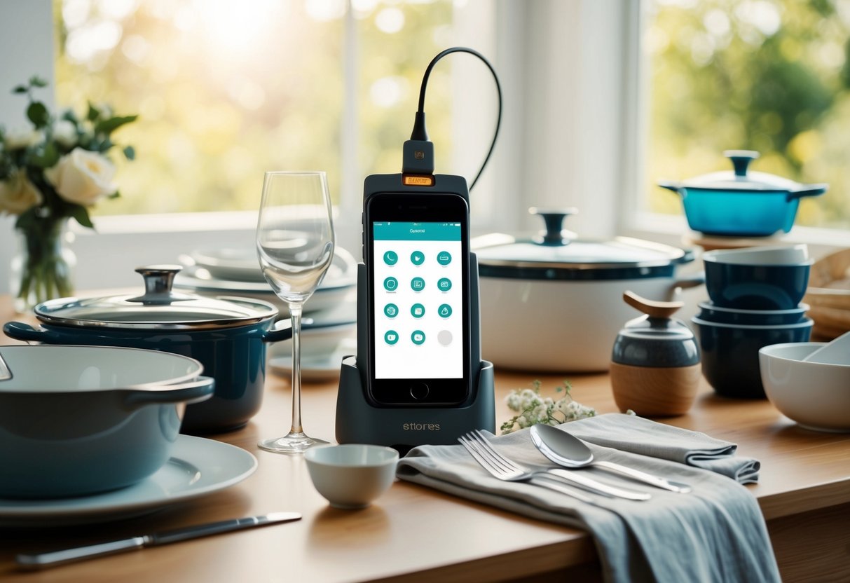 A table with various items such as dishes, cookware, and linens, along with an accompanying scanner or smartphone for adding items to the registry