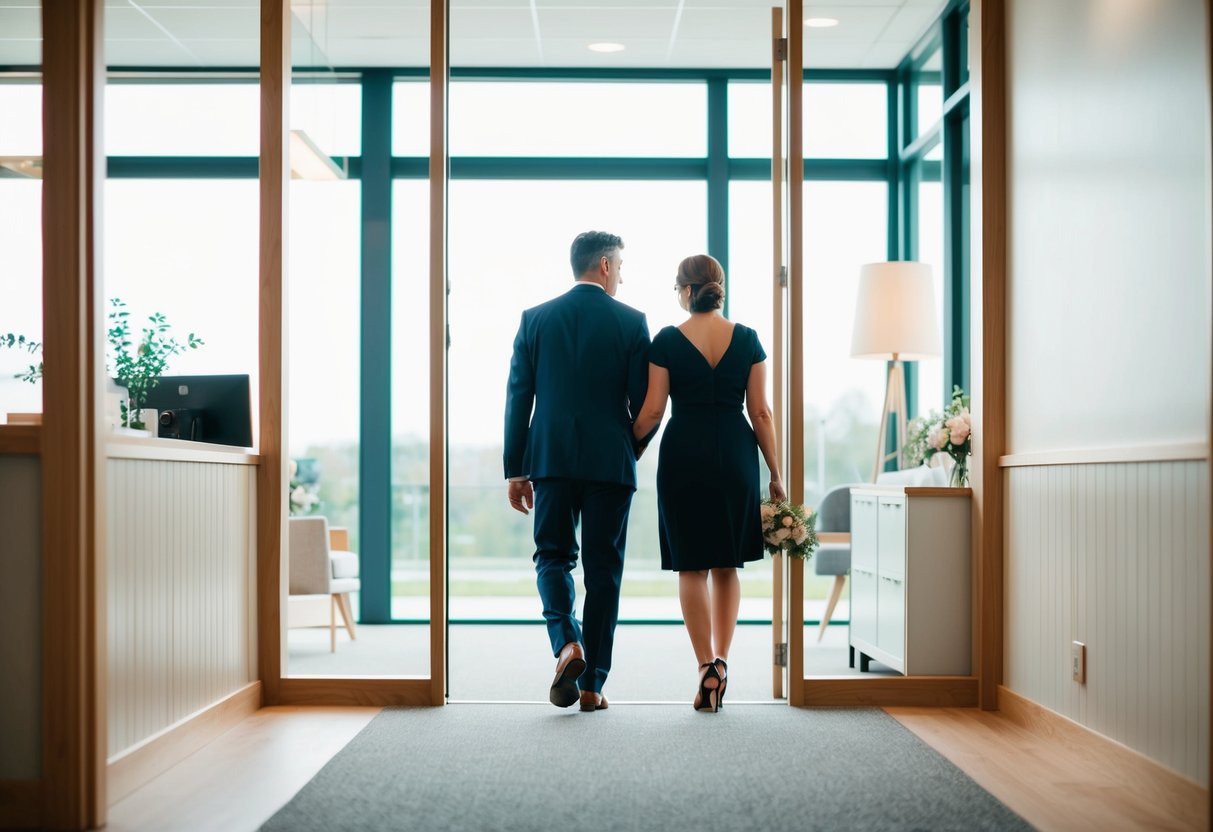 A couple walks into a modern registry office with large windows, a simple yet elegant interior, and a cozy atmosphere