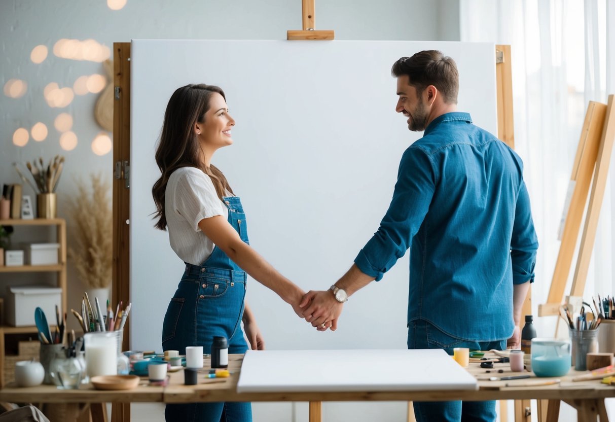 A couple holding hands and looking at a blank canvas, surrounded by art supplies and a variety of meaningful objects