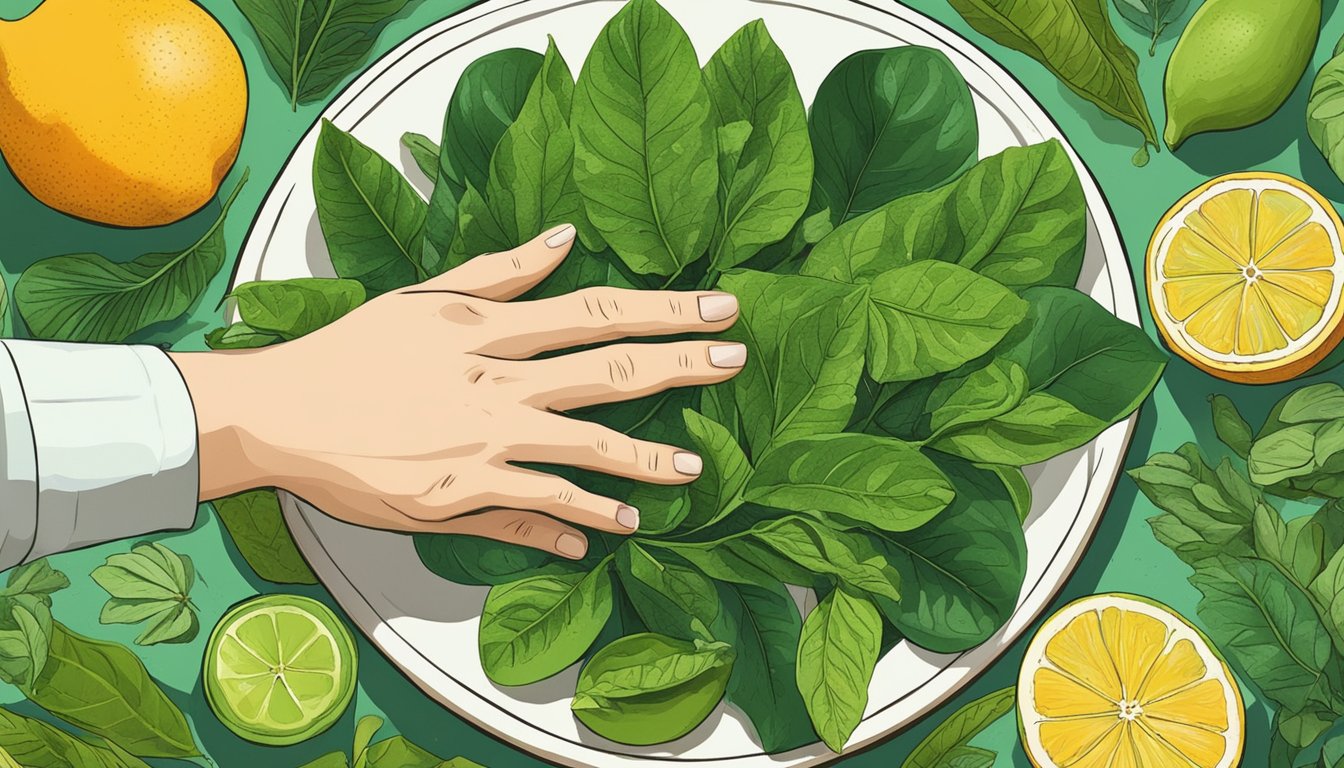 A hand reaching for a plate of kaffir lime leaves, surrounded by various fruits and herbs. The leaves are vibrant green and have a distinct, jagged edge