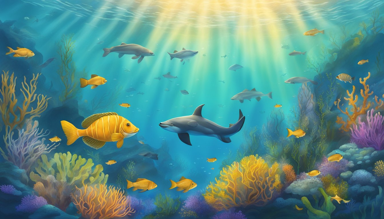 A vibrant underwater scene with kelp swaying gently in the current, surrounded by various marine life such as fish, sea urchins, and sea otters