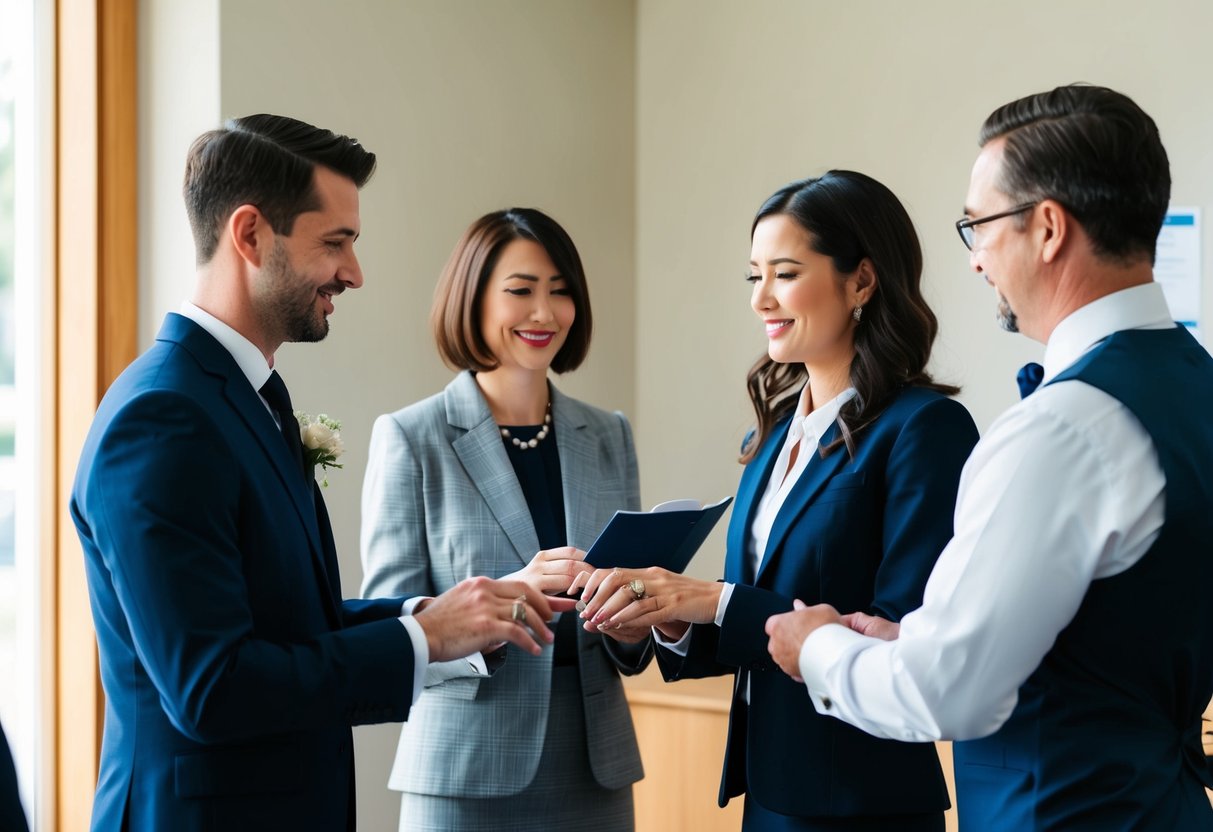 A couple stands before a registrar in a simple office setting, exchanging vows and rings. The ceremony is brief and officiant-led