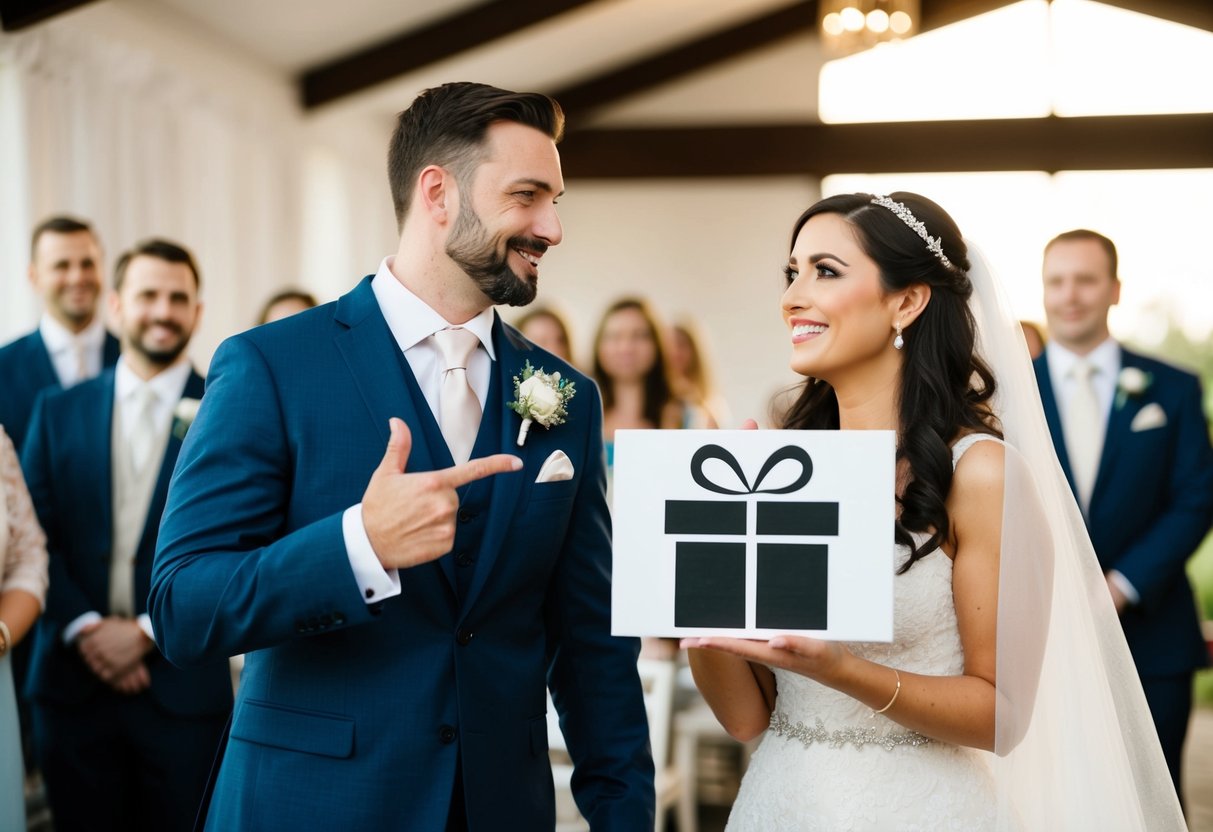 A couple gestures to a sign with a crossed-out gift box. Guests smile and nod, understanding the couple prefers no registry
