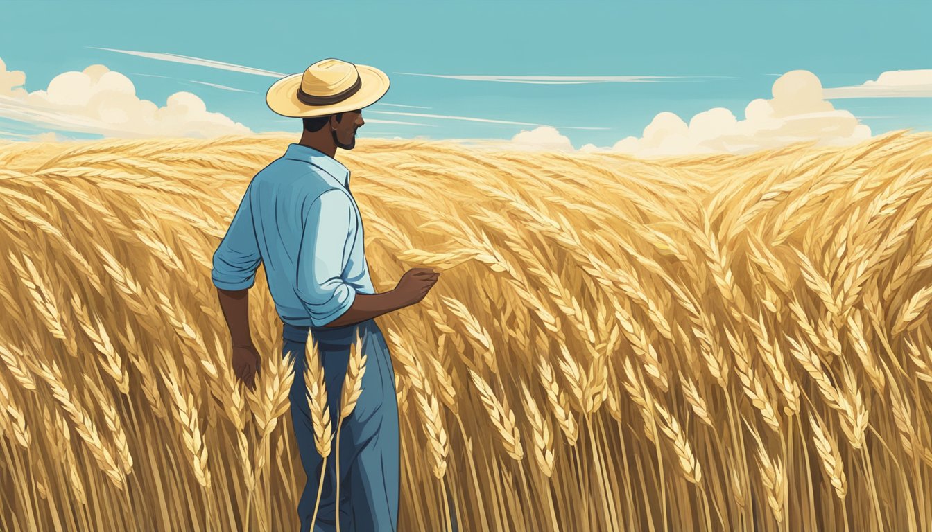 A golden field of kamut wheat sways in the breeze, with a clear blue sky overhead. A farmer inspects the crop, smiling with satisfaction