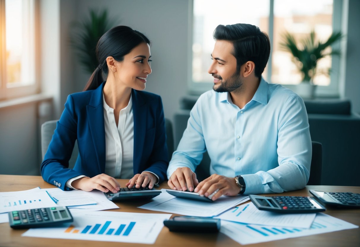 A couple sits at a table, surrounded by papers and calculators. They discuss their financial goals and options for their future together