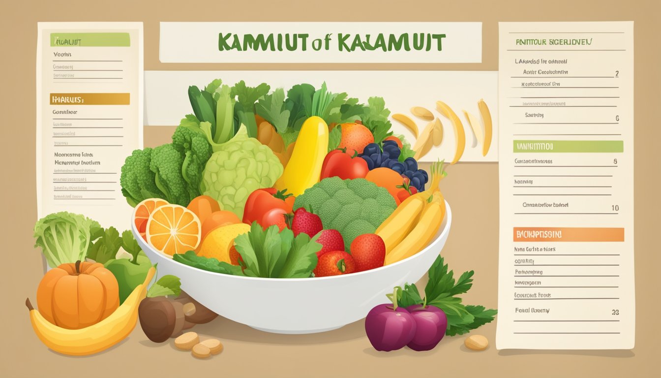 A bowl of kamut surrounded by various fruits and vegetables, with a nutrition label and a thumbs-up sign