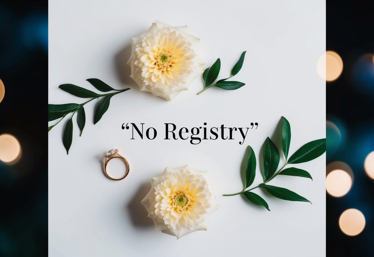 A wedding website with a "no registry" message. Decorative elements such as flowers or a wedding ring could be included to convey the theme