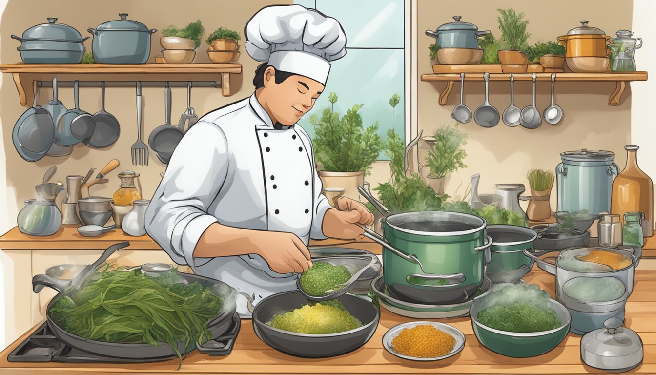 A chef adding kelp to a pot of boiling water, surrounded by various cooking utensils and ingredients