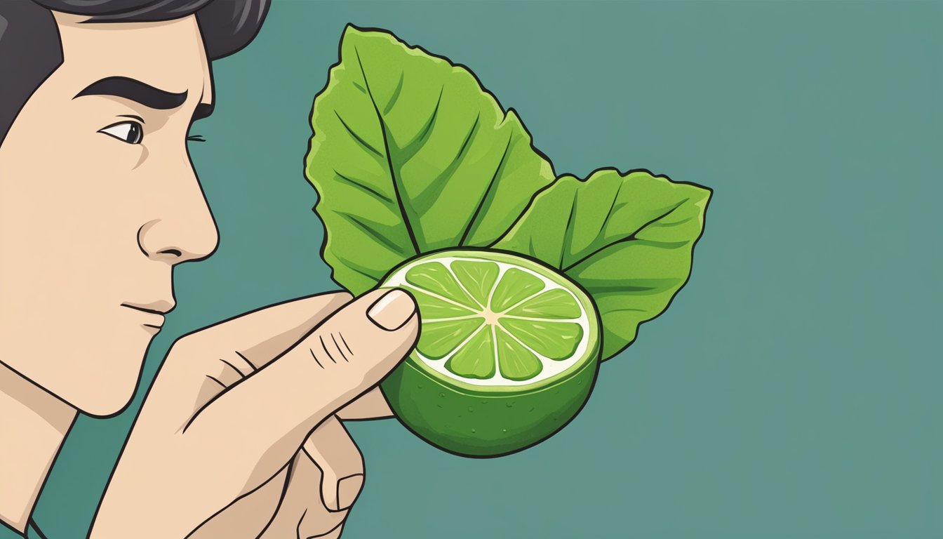 A person holding a kaffir lime leaf and inspecting it, with a question mark above their head