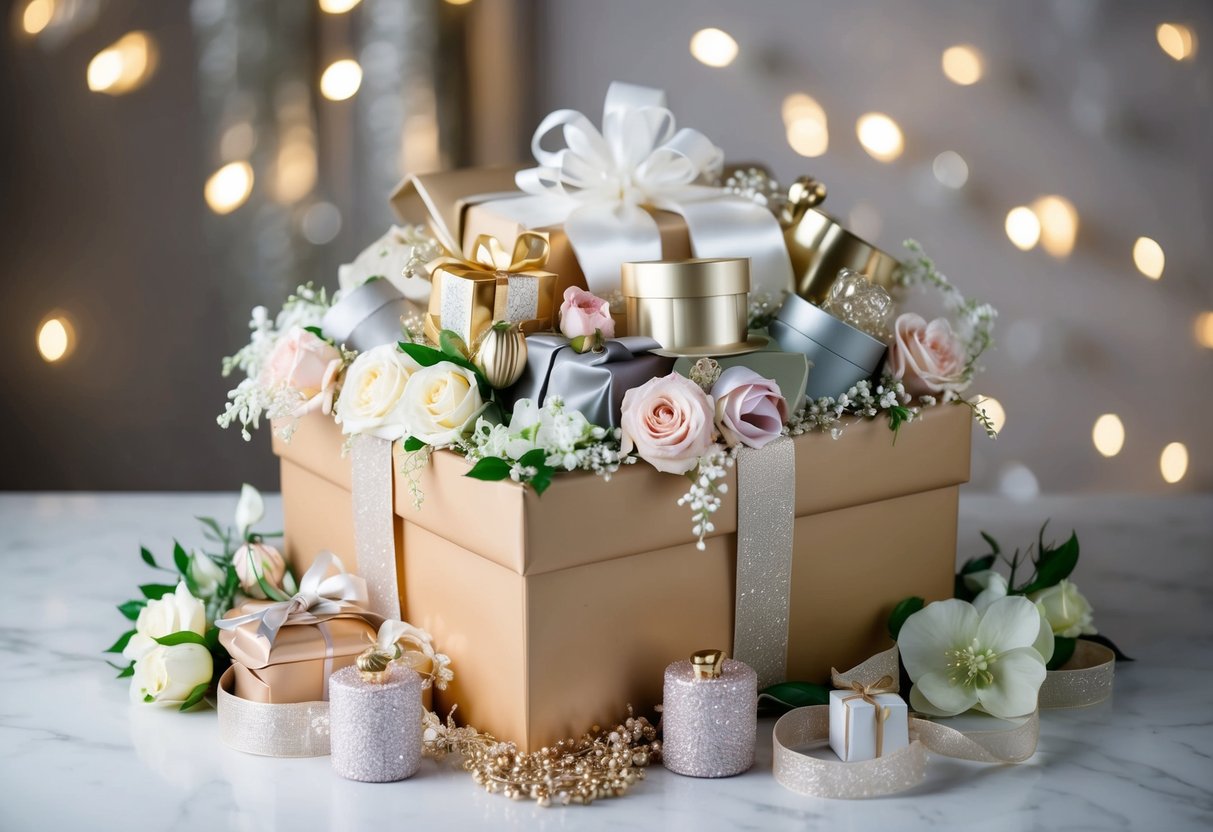 A beautifully wrapped gift box overflowing with elegant and luxurious items, surrounded by delicate floral decorations and shimmering ribbons