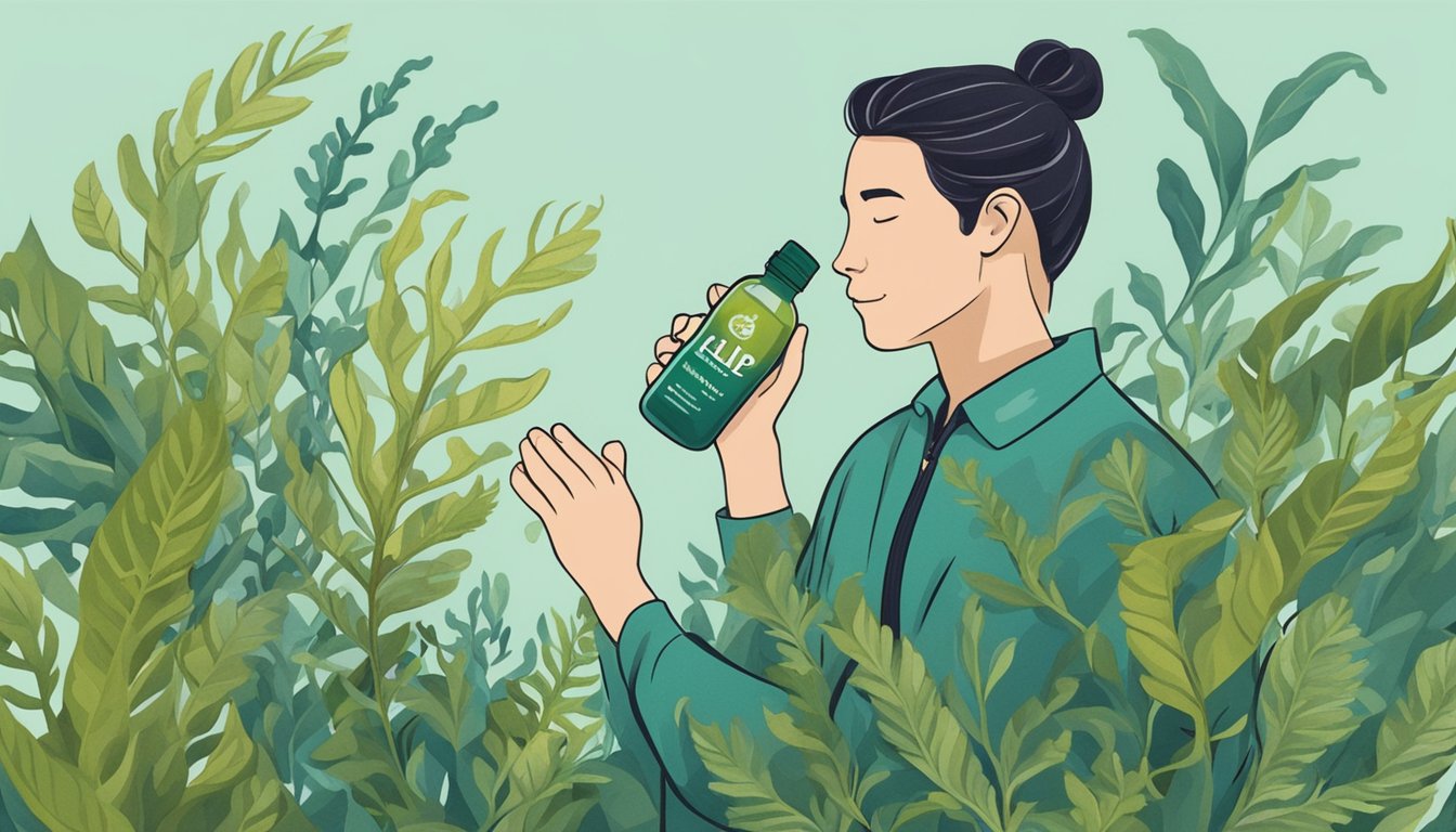 A person holding a bottle of kelp supplements, surrounded by fresh kelp leaves and sea plants