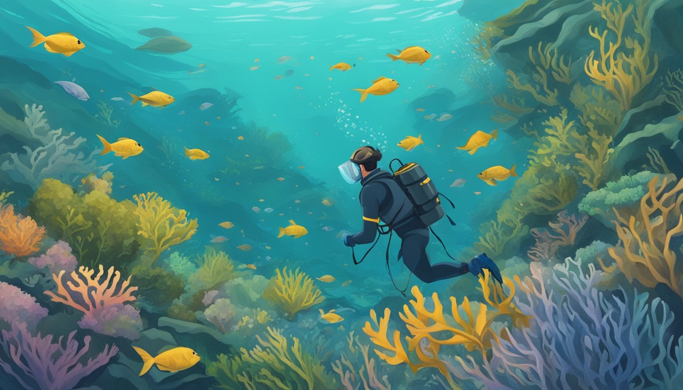 A person picking fresh kelp from a clean, unpolluted ocean floor. The surrounding environment is teeming with diverse marine life