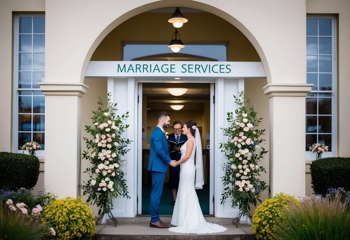 A couple stands at the entrance of a registry office, exchanging vows under a simple archway. The building is adorned with flowers and a sign indicating "Marriage Services."