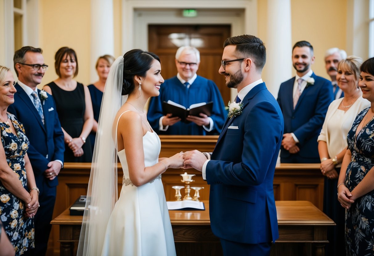 A couple stands before a registrar at a registry office, exchanging vows and rings in front of a small group of witnesses