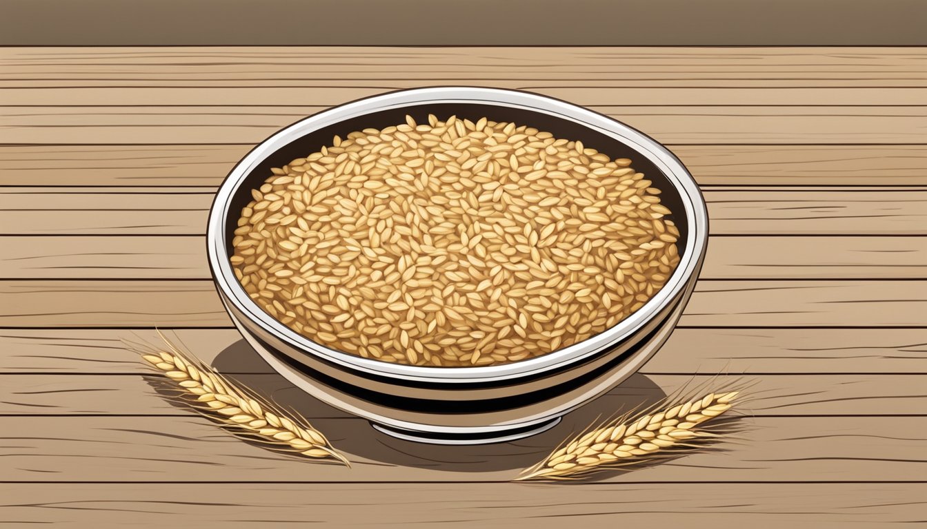 A bowl of cooked kamut surrounded by stalks of the grain, with a few loose kernels scattered on a wooden table