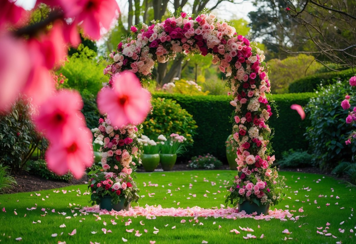 A lush garden with a blooming arch and scattered petals