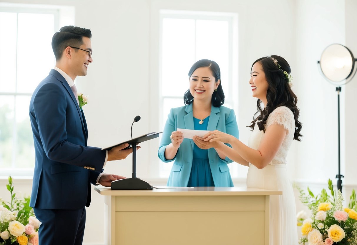 A couple stands before a registrar at a simple desk in a bright, airy room. The registrar smiles as they exchange vows, surrounded by cheerful flowers and soft lighting