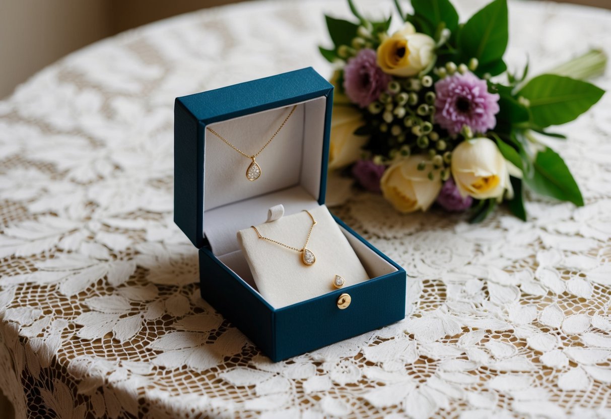 A jewelry box with a delicate necklace and earrings inside, placed on a lace-covered table with a bouquet of flowers