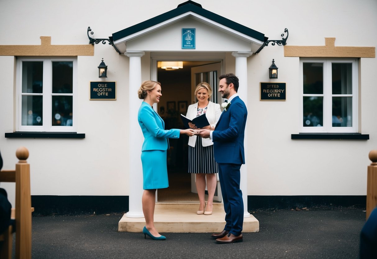 A couple stands in front of a simple registry office, exchanging vows as a witness looks on. The building is nondescript, with a small sign above the door