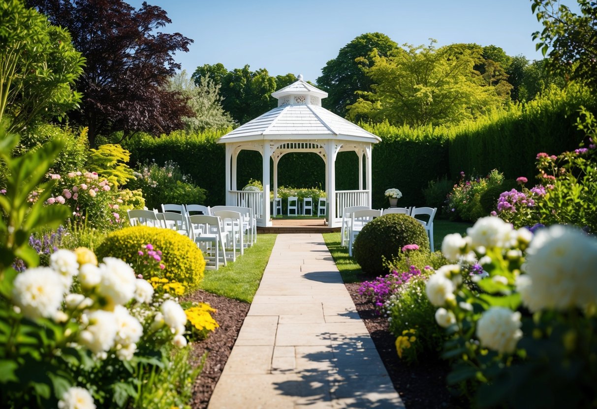 A sunny garden with a white gazebo, surrounded by blooming flowers and lush greenery. A path leads to the center, where chairs are set up for a small wedding ceremony