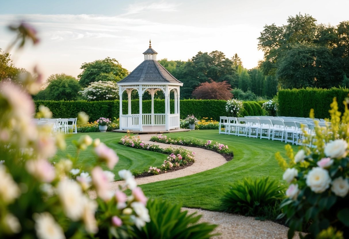 A serene garden with blooming flowers, a winding path, and a charming gazebo set for a wedding ceremony