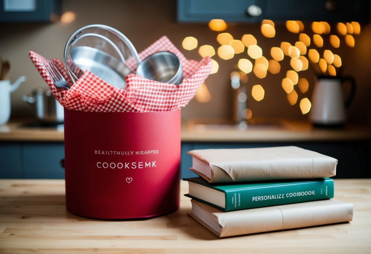 A beautifully wrapped set of kitchenware and a personalized cookbook