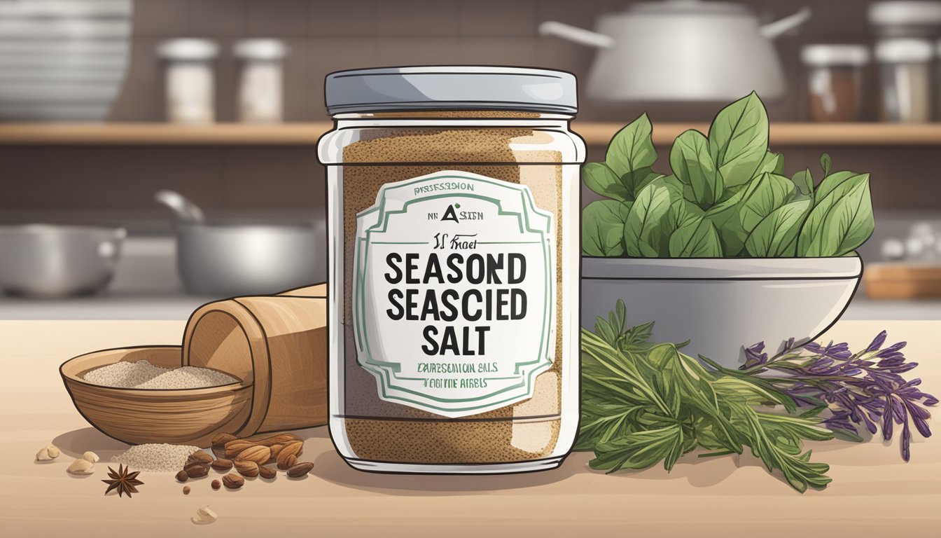 A jar of seasoned salt sits on a kitchen counter, surrounded by various spices and herbs. The expiration date on the label is clearly visible