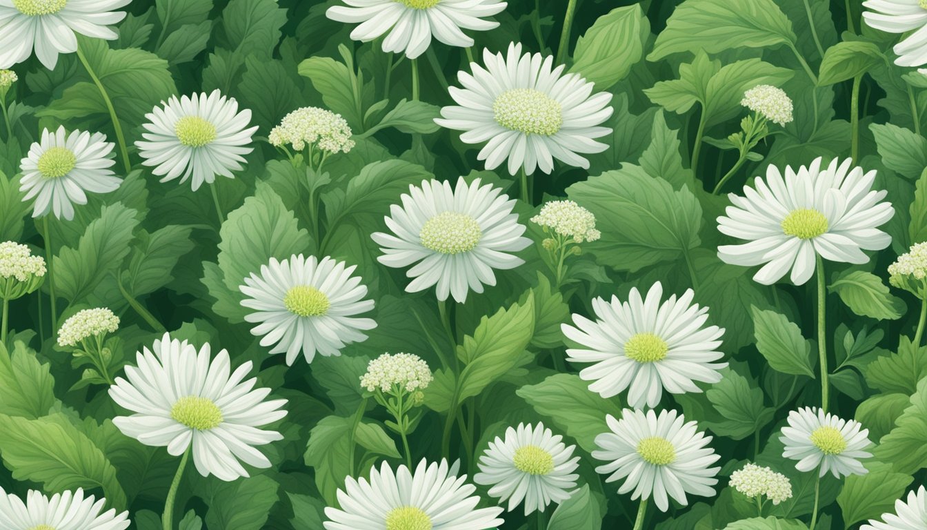 A lush field of lambsquarters with vibrant green leaves and delicate white flowers, surrounded by other wild plants