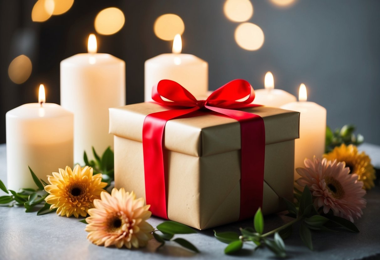 A beautifully wrapped gift box sits on a table, surrounded by flowers and candles