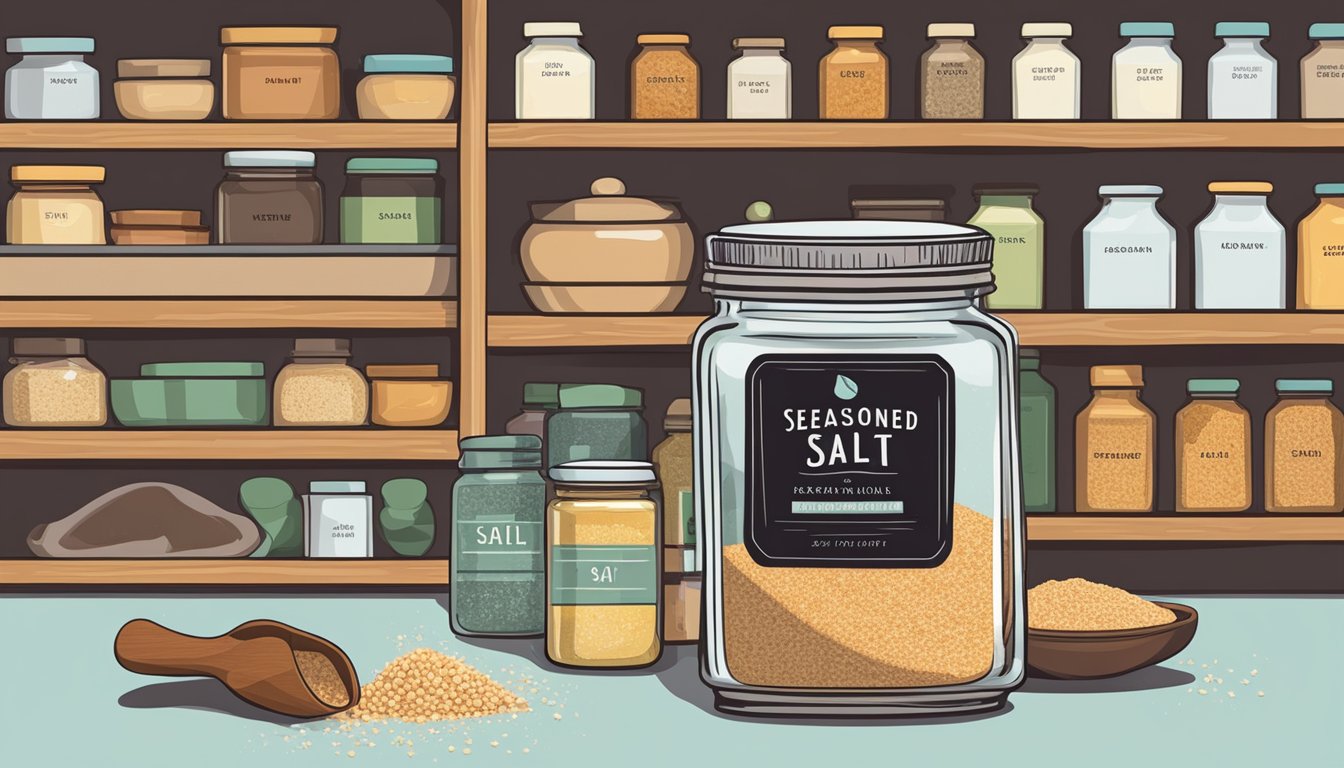 A jar of seasoned salt sits on a kitchen shelf, surrounded by other spices. The label shows an expiration date, and a question mark hovers over the jar