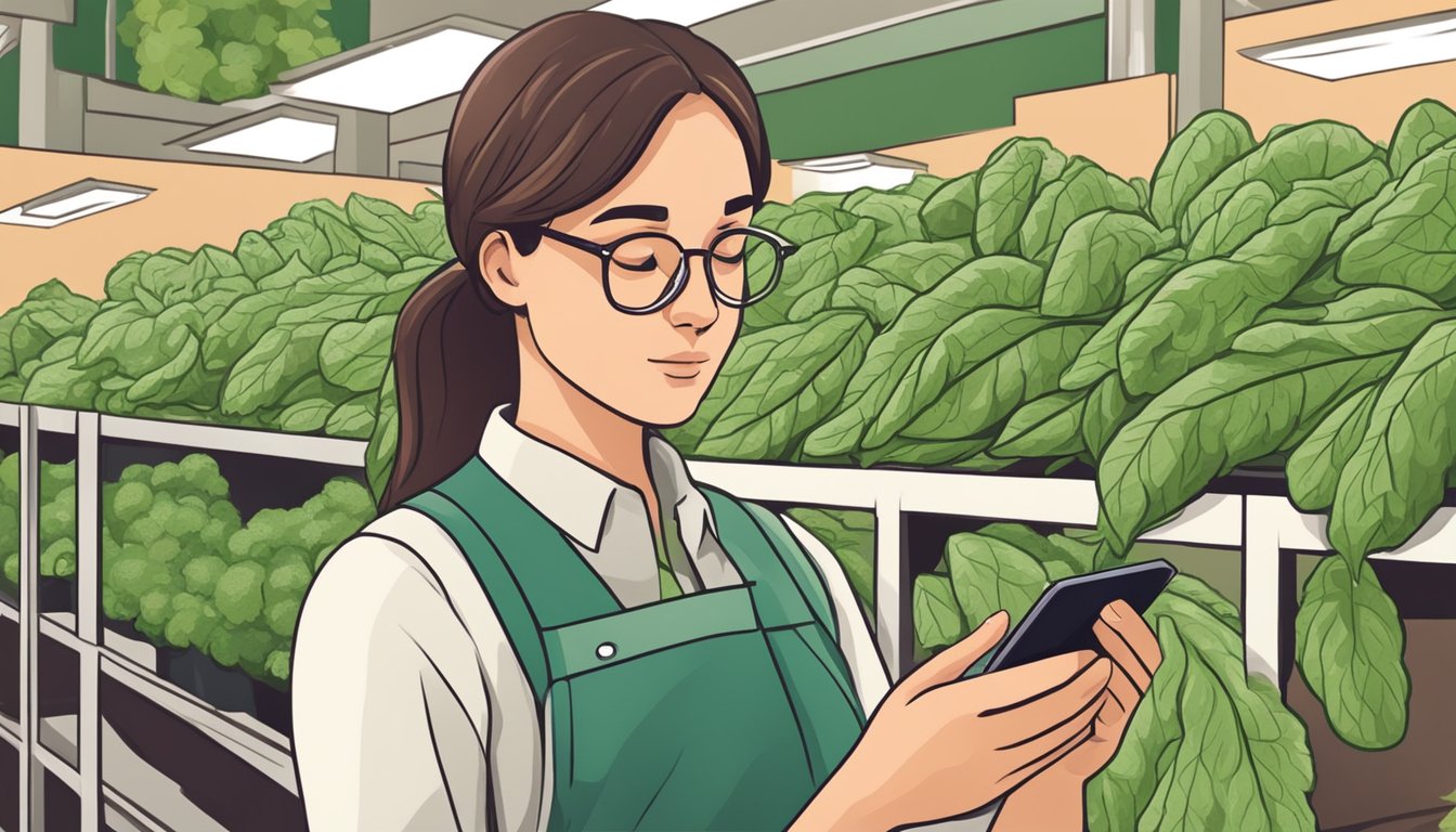 A person holding a bunch of lambsquarters with a concerned expression, while looking up nutritional information on a smartphone