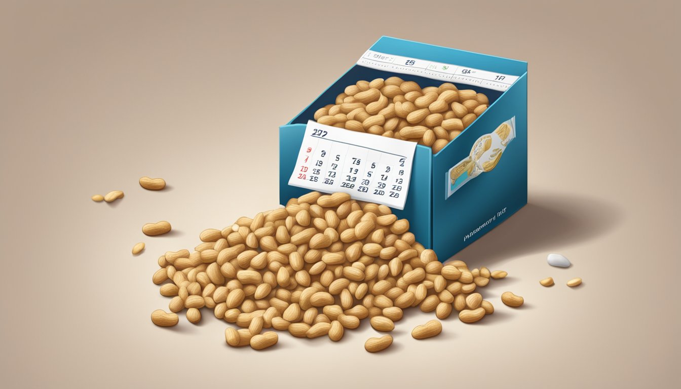 A pile of peanuts spilling out of an open, expired package, with a calendar showing the past date in the background