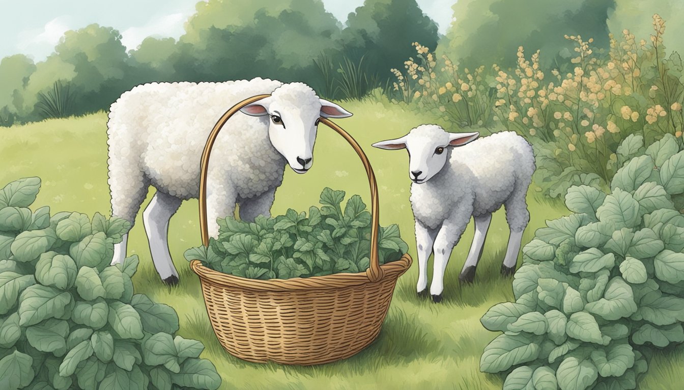 A person picking lambs quarters from a garden, with a basket of freshly picked greens nearby