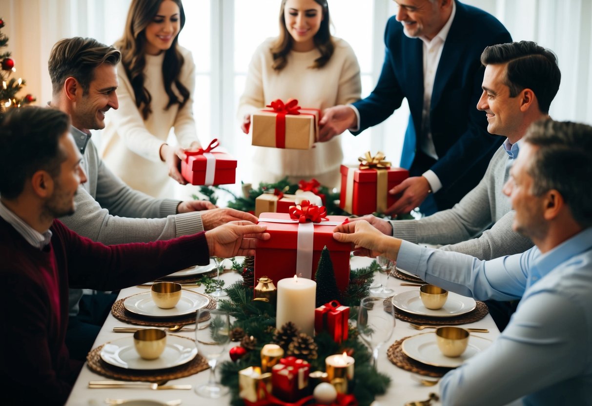 A table set with various household items, surrounded by guests exchanging gifts