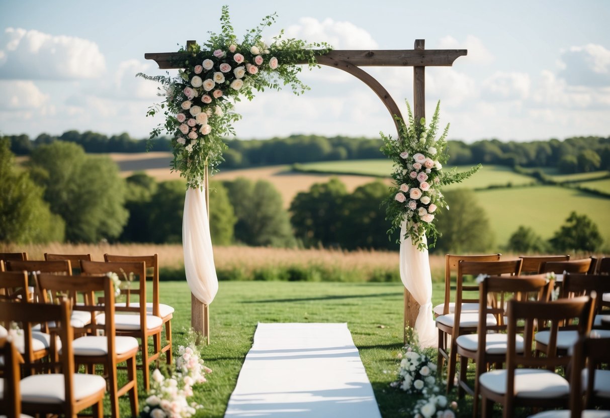 A secluded outdoor wedding ceremony with a beautiful archway and flowers, set against a picturesque countryside backdrop