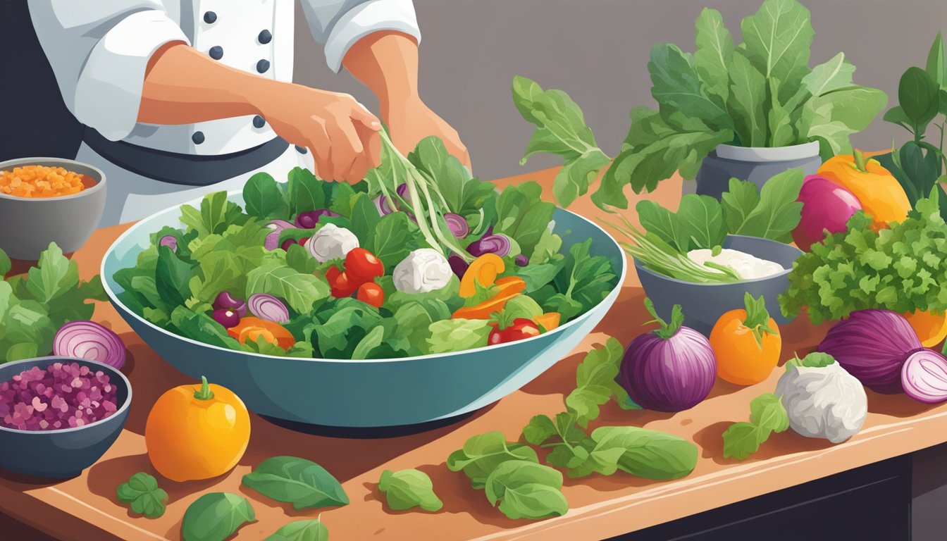 A chef confidently adds freshly picked lambs quarters to a vibrant salad, surrounded by other colorful, fresh ingredients