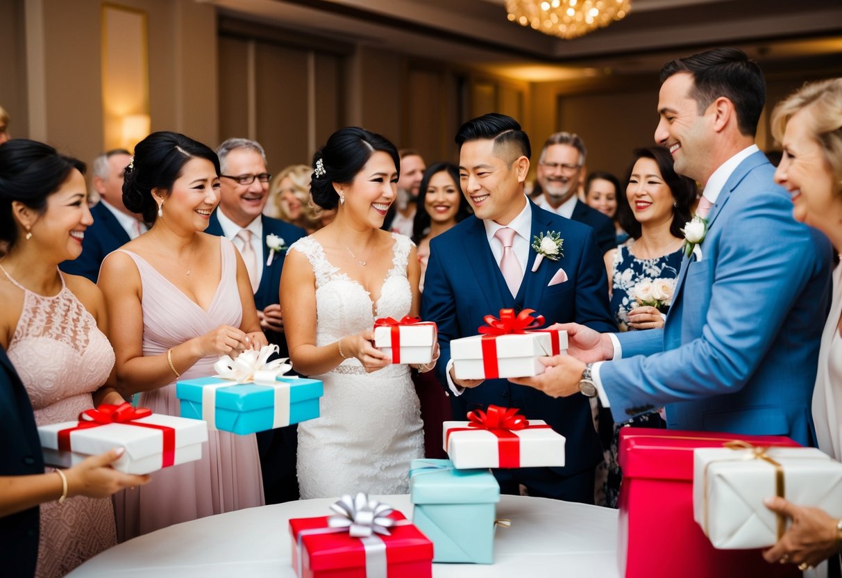 A couple surrounded by friends and family, opening gifts at a wedding reception. Some guests hold wrapped presents, while others watch and smile