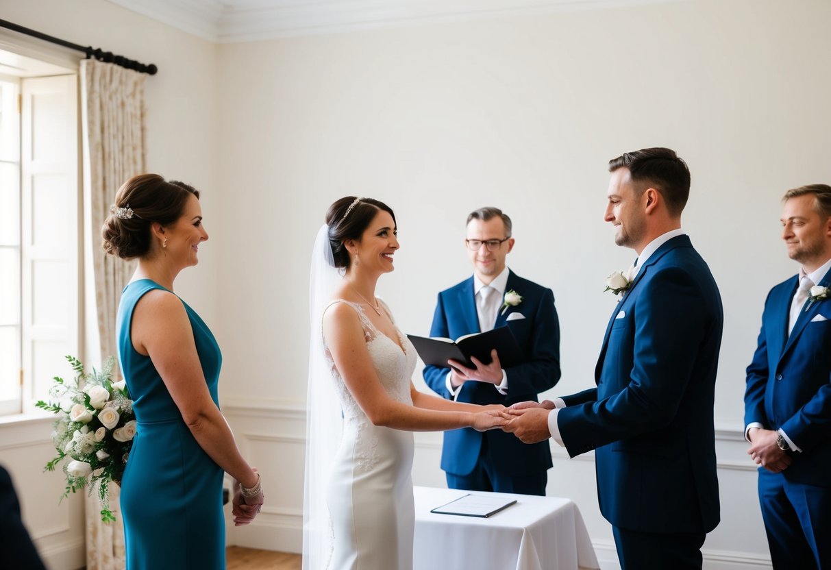 A wedding ceremony taking place in a simple, elegant room with a registrar and a couple standing before them