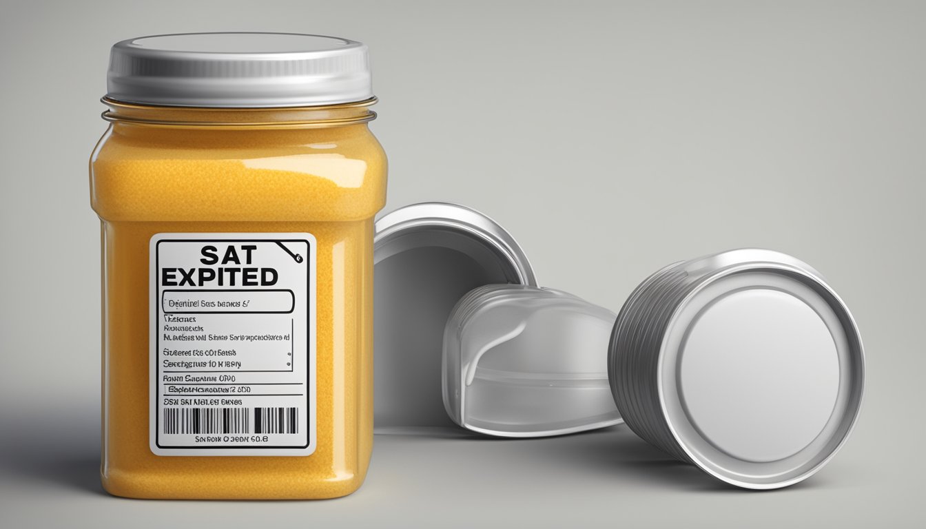 An expired seasoned salt container labeled with caution signs and a crossed-out expiration date