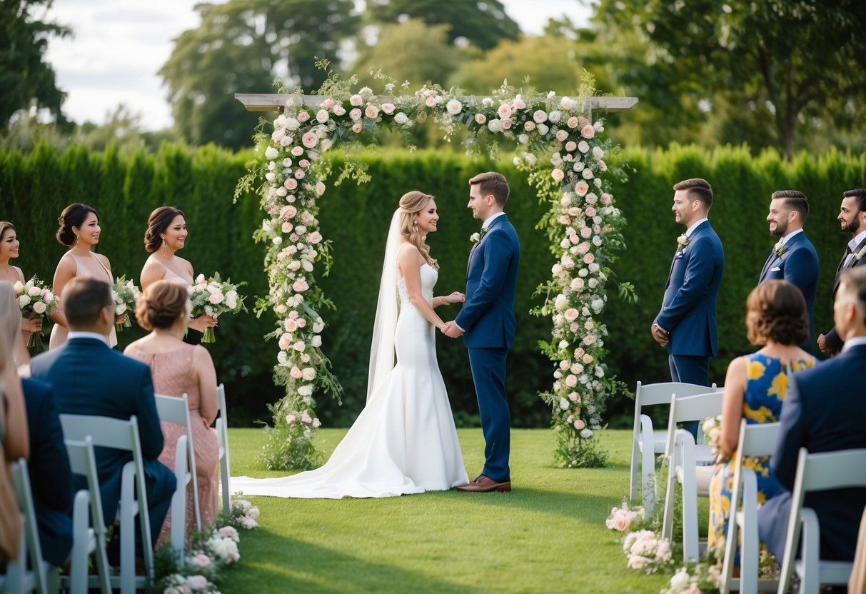 A couple stands alone beneath a floral arch in a lush garden, exchanging vows in a private ceremony