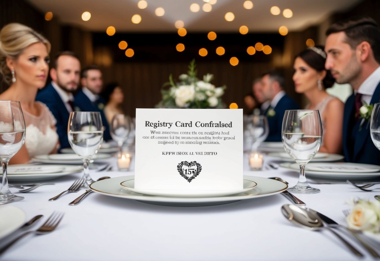 A table set for a wedding with no registry card. Guests look confused