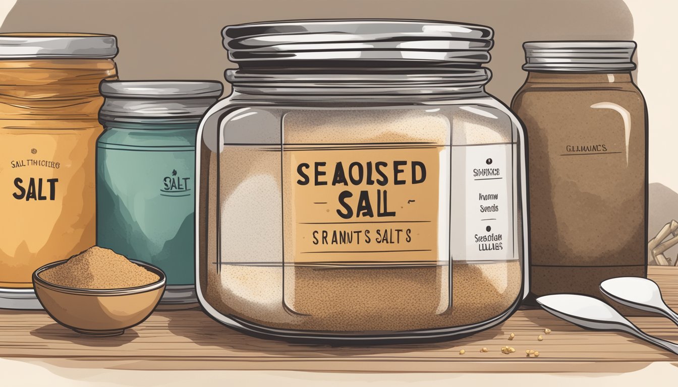 A jar of expired seasoned salt sits on a kitchen shelf, surrounded by various spices and cooking utensils. The label is faded, and the salt inside appears clumped and discolored