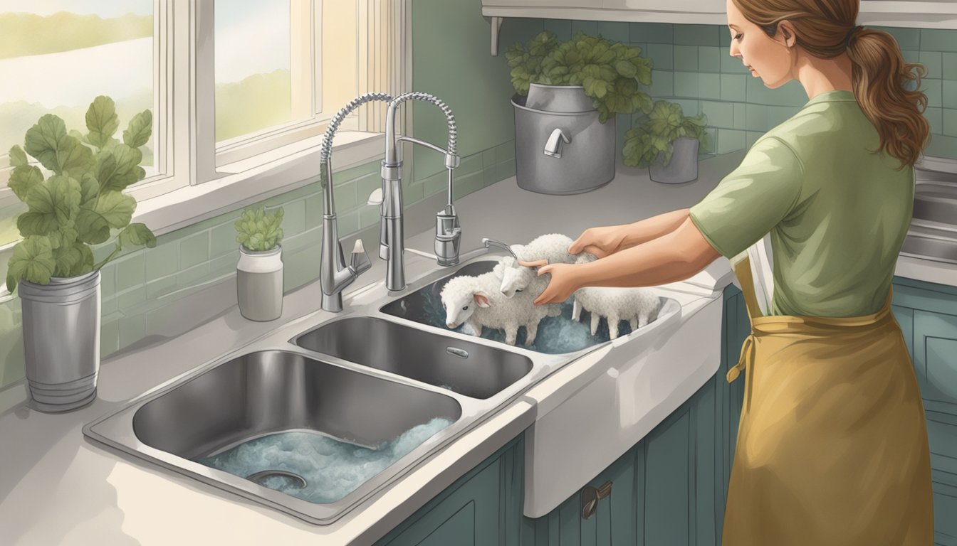 A person gathers and washes lambs quarters in a kitchen sink