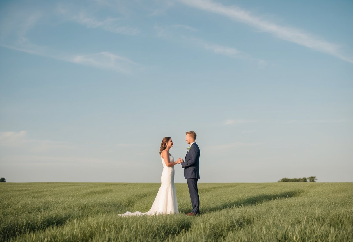 A couple stands alone in a simple, open field, exchanging vows under a clear sky