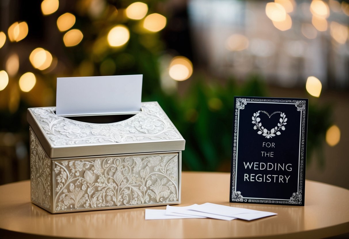 A decorative wedding card box with envelopes and a slot for money sits on a table next to a sign indicating it's for the wedding registry