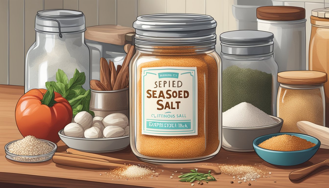 A jar of expired seasoned salt sits on a cluttered kitchen counter, next to a cutting board and various spices